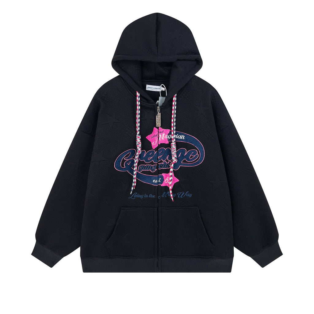 Retro Embroidery Zip Up Hoodie